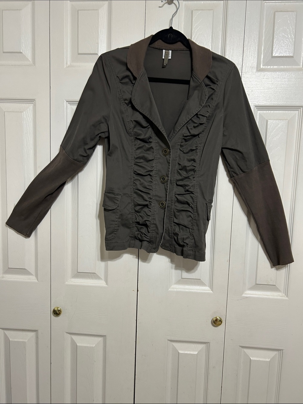 XCVI Olive Ruffle-Front Blazer with Contrast Sleeve Panels